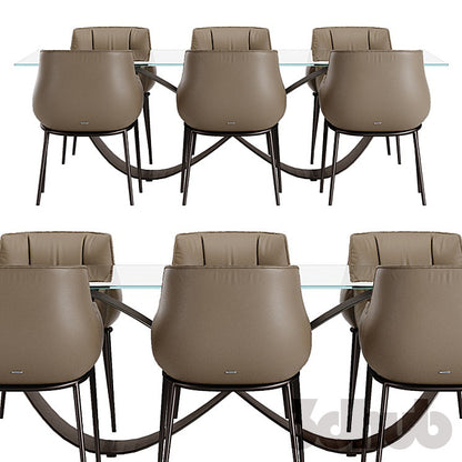 Cattelan Italia Butterfly Table Rhonda Chairs 3D Model Modern Sculptural Glass Round Dining Table Leather Armchairs Set 3ds Max