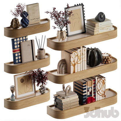 Decor Set XXX - Modern Curved Wooden Wall Shelves &amp; Book Decor Set - 3D Model