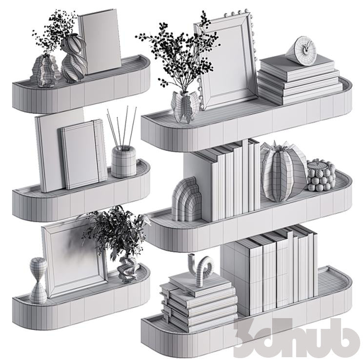 Decor Set XXX - Modern Curved Wooden Wall Shelves &amp; Book Decor Set - 3D Model