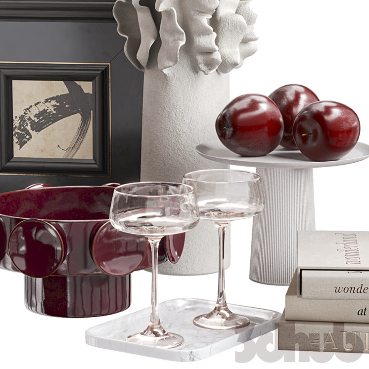 Decor Set XXX - Modern Burgundy &amp; Chrome Tabletop Art Styling Set - 3D Model