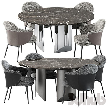 Minotti Wedge Dining Table Angie Chairs 3D Model Modern Marble Round Table Textured Boucle Armchairs Set 3ds Max FBX OBJ Pro